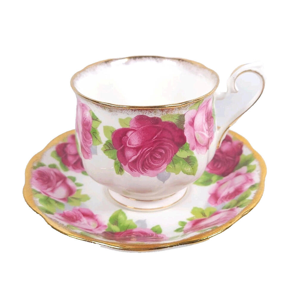 ROYAL ALBERT  ENGLAND OLD ENGLISH ROSE TEACUP AND SAUCER SET BONE CHINA